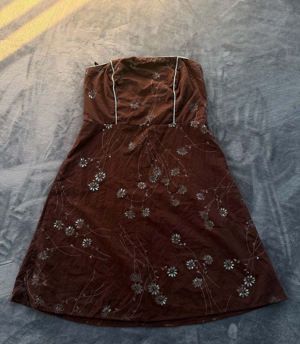 Faith Passion Brown Floral Embroidered Strapless Sundress Size 9 Y2K Whimsigoth